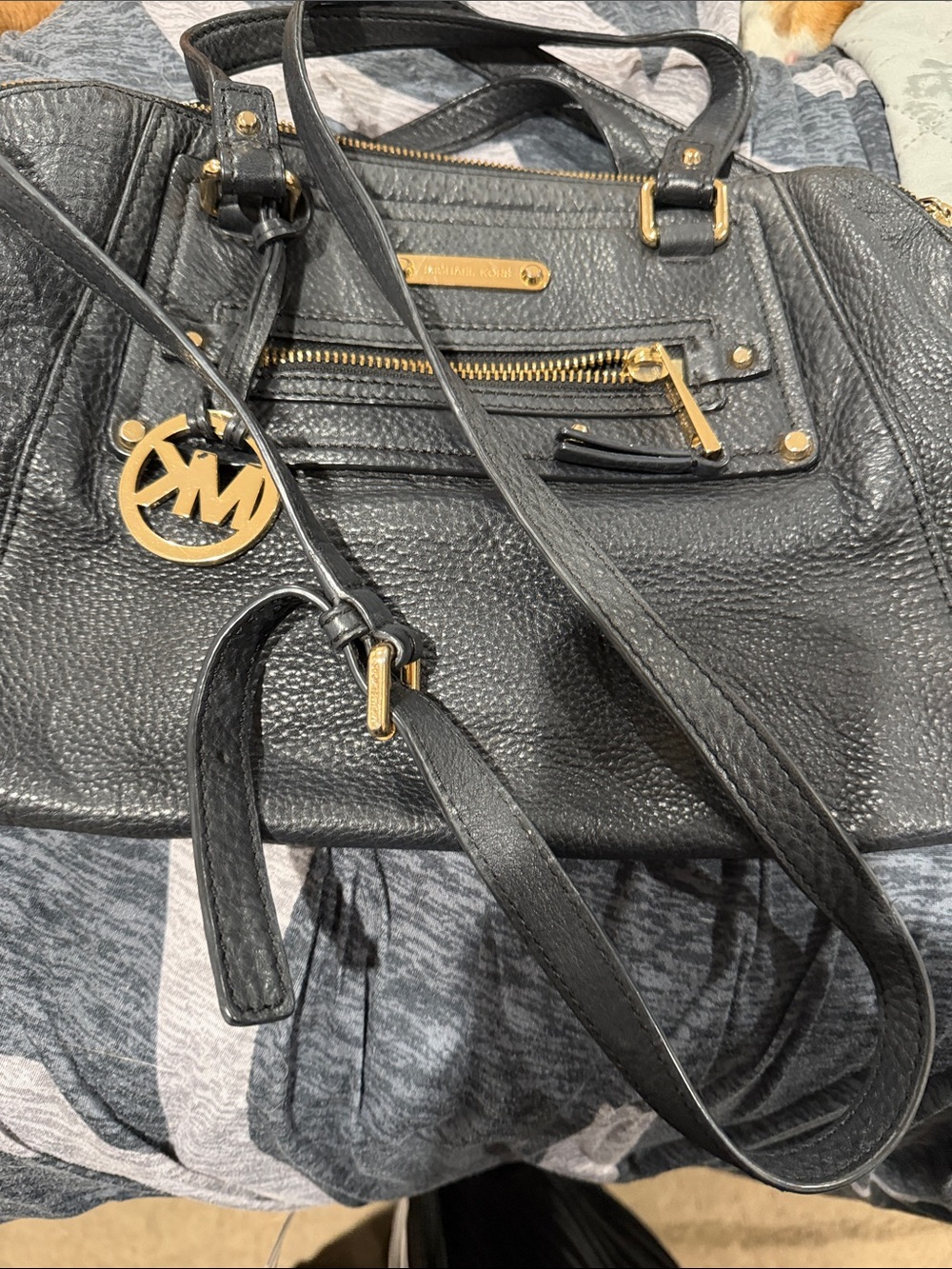 Michael Kors Black Pebbled Leather Shoulder Tote with Gold Hardware